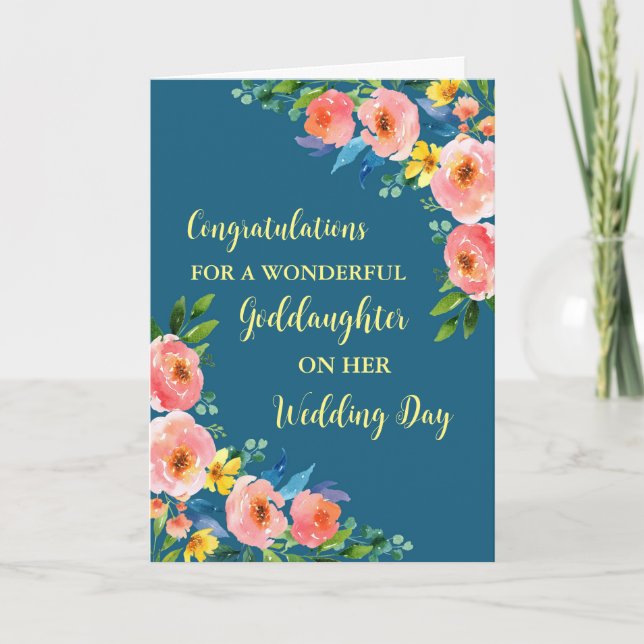 Pink Floral Goddaughter Wedding Congratulations Card (Front)