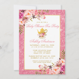 Pink Floral Gold Baby Shower Tea Party Invite GP
