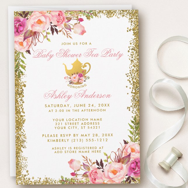 Pink Floral Gold Baby Shower Tea Party Invite GP (Customize to change text color.)