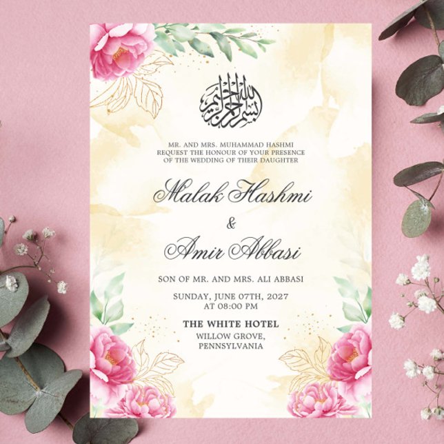 Pink Floral Gold Beige Design Islamic Wedding Invitation (Creator Uploaded)