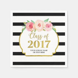 Pink Floral Gold Black Stripes 2017 Graduation Napkin