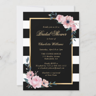 Pink Floral Gold Black Stripes Bridal Shower Invitation