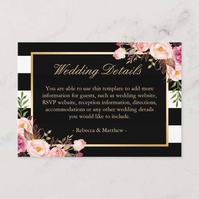 Pink Floral Gold Black Stripes Wedding Details Enclosure Card (Front)