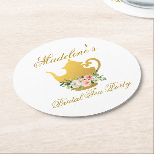 Pink Floral Gold Bridal Shower Tea Party Round Paper Coaster