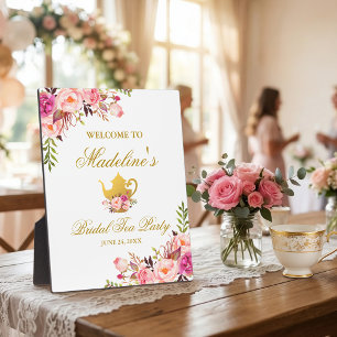 Pink Floral Gold Bridal Shower Tea Party Welcome Plaque
