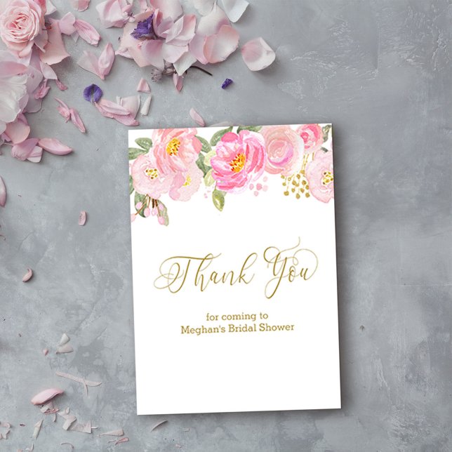 Pink Floral Gold Calligraphy Thank You Place Card  (Elegant thank you card from my Pink and Gold Watercolor Floral Collection)