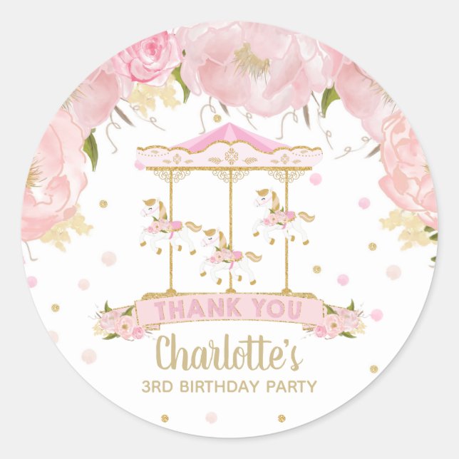 Pink Floral Gold Carousel Merry Go Round Birthday Classic Round Sticker (Front)
