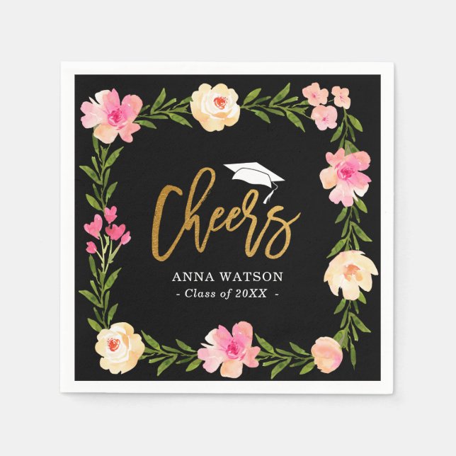 Pink Floral Gold Cheers Custom Graduation Party Napkin (Front)