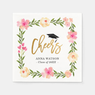 Pink Floral Gold Cheers Custom Graduation Party Napkin