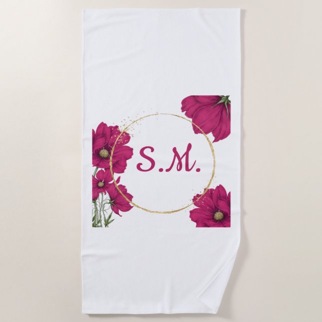 Pink Floral Gold Circle Beach Towel (Front)