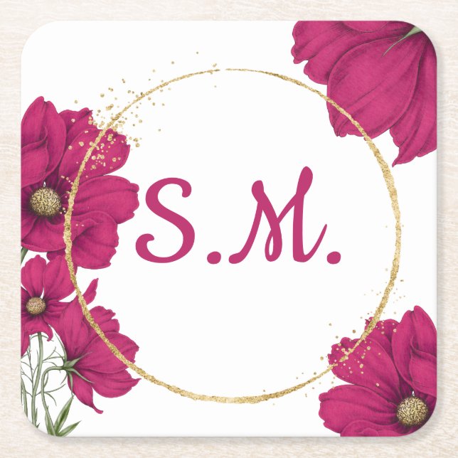 Pink Floral Gold Circle Coaster (Front)