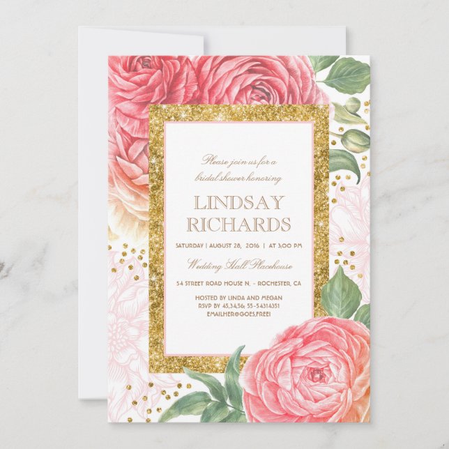Pink Floral Gold Confetti Watercolor Bridal Shower Invitation (Front)