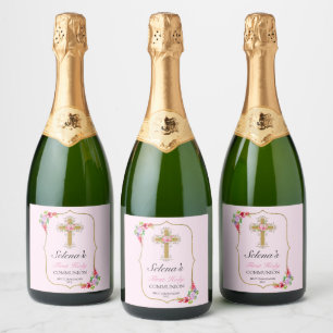 Pink Floral Gold Cross 1st Communion Sparkling Wine Label