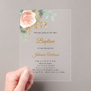 Pink floral gold cross baptism clear luxury acrylic invitations
