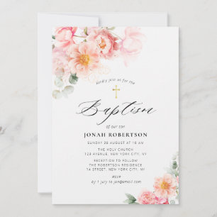 pink floral gold cross baptism invitation