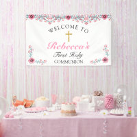 Pink Floral Gold Cross First Communion Welcome