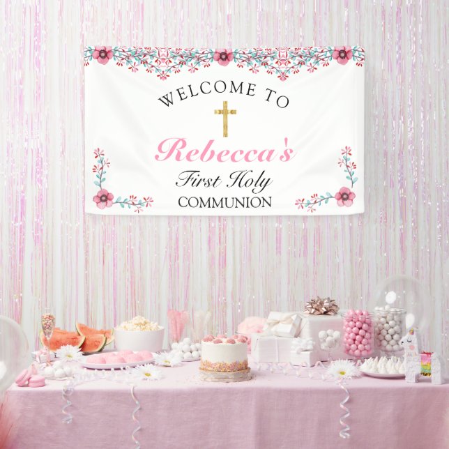 Pink Floral Gold Cross First Communion Welcome Banner (Party)