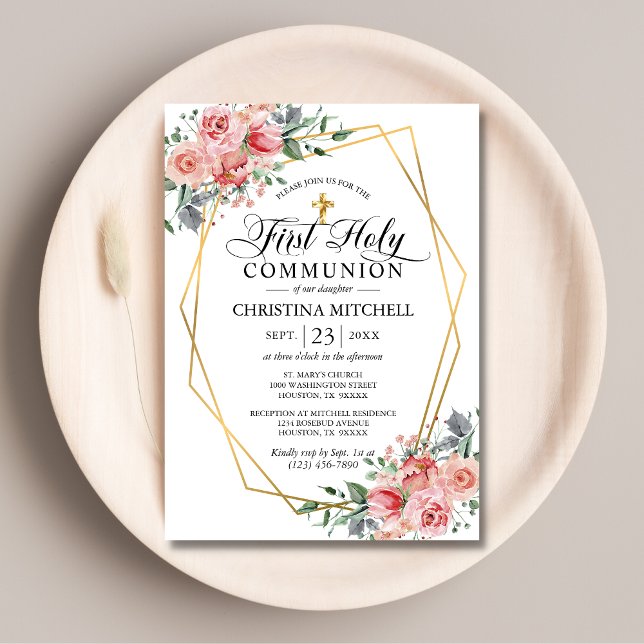 Pink Floral Gold Cross First Holy Communion Girl Invitation (Creator Uploaded)