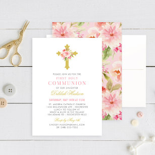 Pink Floral Gold Cross Girl First Holy Communion Invitation