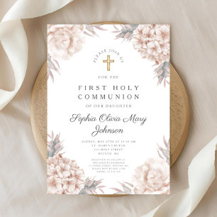 Pink Floral Gold Cross Religious First Communion Invitation