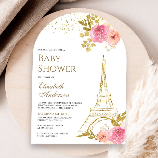 Pink Floral Gold Eiffel Tower Arch Baby Shower Invitation (Creator Uploaded)