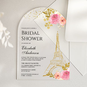 Pink Floral Gold Eiffel Tower Arch Bridal Shower Acrylic Invitations