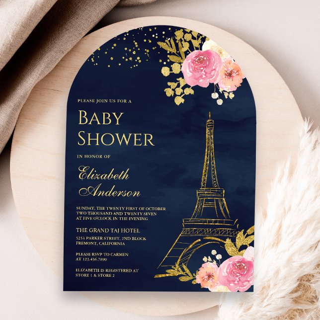 Pink Floral Gold Eiffel Tower Navy Baby Shower Invitation (Creator Uploaded)