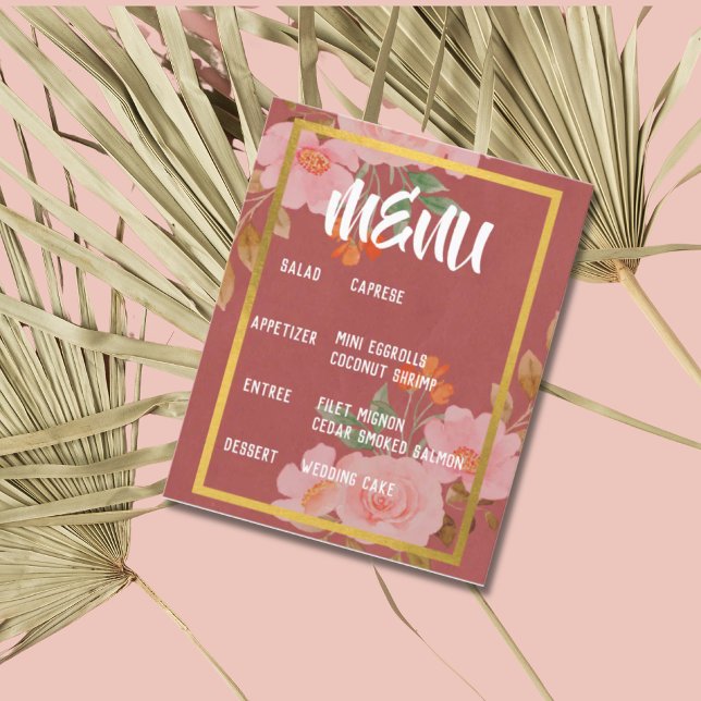 Pink Floral Gold Elegant Reception Menu (Creator Uploaded)