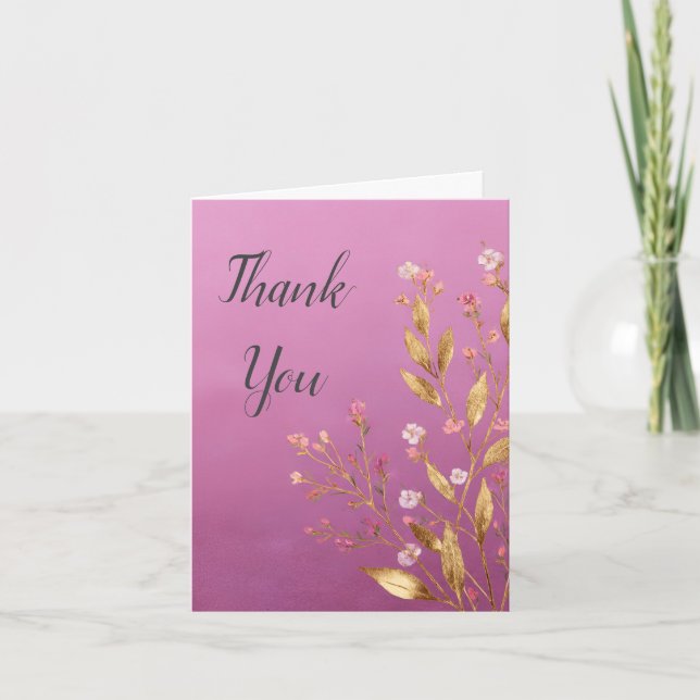 Pink Floral & Gold Foil Trim Thank You Card (Front)