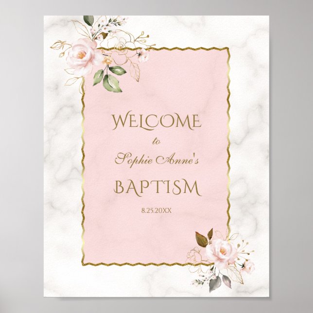 Pink Floral Gold Frame Baptism Welcome Sign (Front)