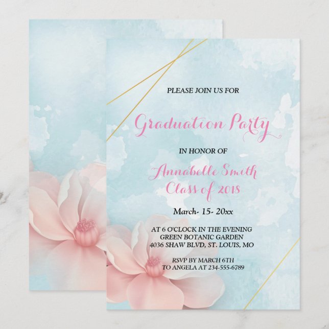Pink floral gold frame blue water Graduation Party Invitation (Front/Back)