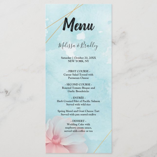 Pink floral gold frame blue water    Wedding Menu (Front)