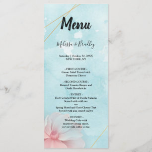 Pink floral gold frame blue water    Wedding Menu