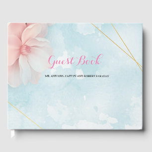 Pink floral gold frame blue watercolor guest guest book