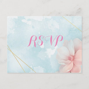 Pink floral gold frame blue watercolor RSVP Postcard