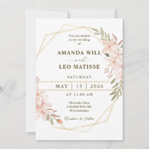 Pink Floral Gold Frame Chic Minimalist Wedding Invitation
