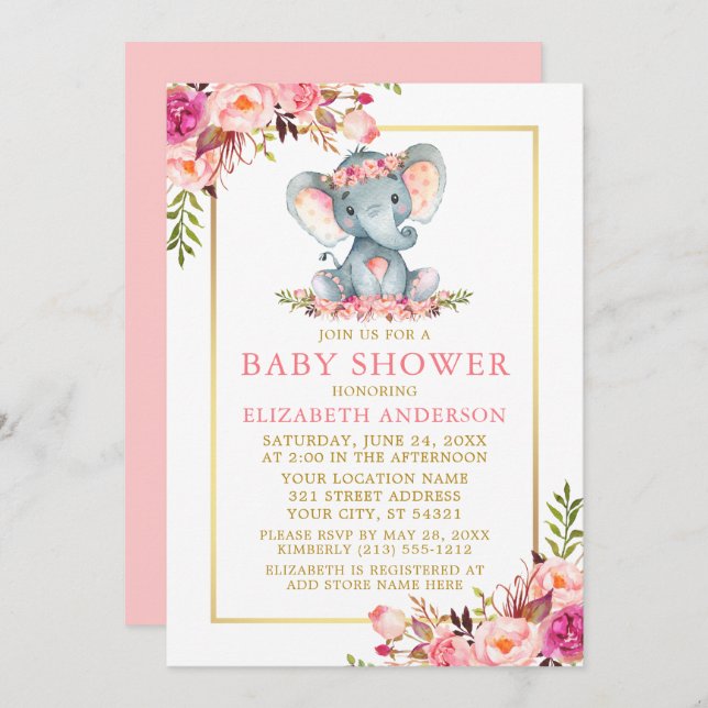 Pink Floral Gold Frame Elephant Baby Shower Invitation (Front/Back)