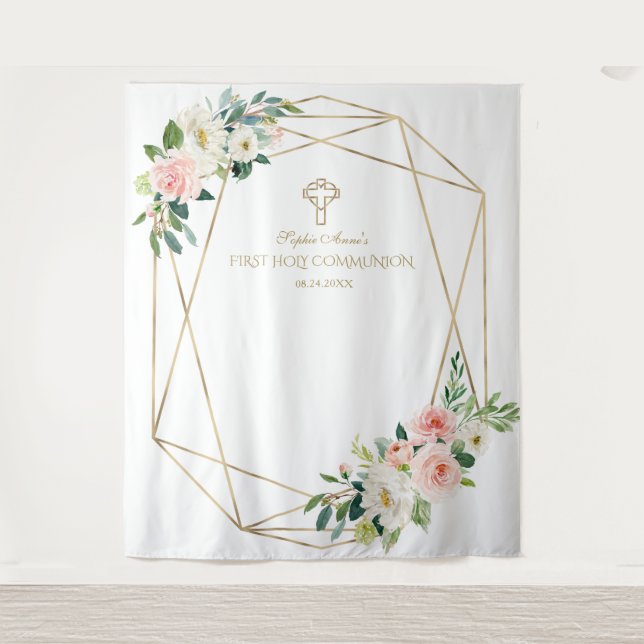 Pink Floral Gold Frame Holy Communion Backdrop Tapestry (Front)