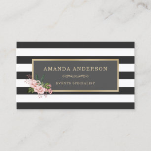 Pink Floral Gold Frame on Stripes   Business Card