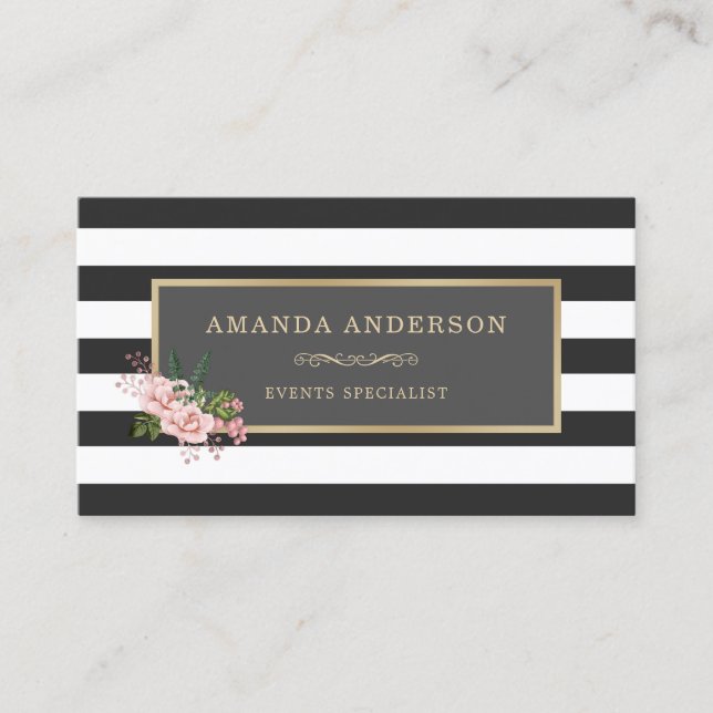 Pink Floral Gold Frame on Stripes | Business Card (Front)