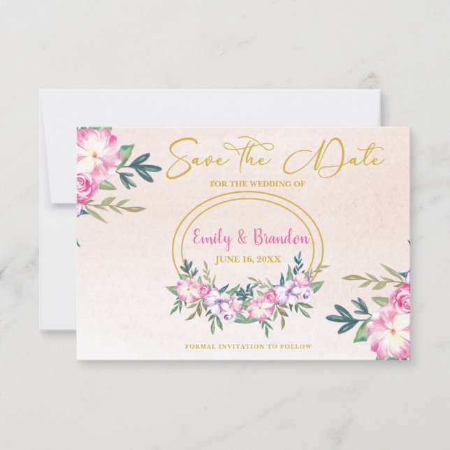 Pink Floral Gold Frame Wedding Save the Date (Front)