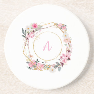 Pink Floral Gold Geometric Sandstone Coaster