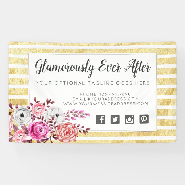Pink Floral & Gold Glam Watercolor Modern Stripe Banner (Horizontal)