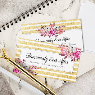 Pink Floral & Gold Glam Watercolor Modern Stripe Business Card