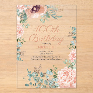 Pink Floral Gold Glitter 100th Acrylic Birthday Invitations