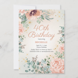 Pink Floral Gold Glitter 40th Birthday Invitation