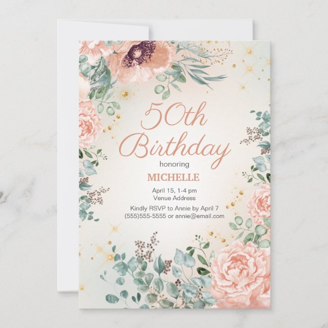 Pink Floral Gold Glitter 50th Birthday Invitation (Front)