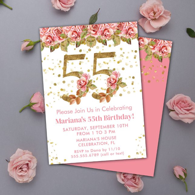 Pink Floral Gold Glitter 55th Birthday Party Invitation (Creator Uploaded)