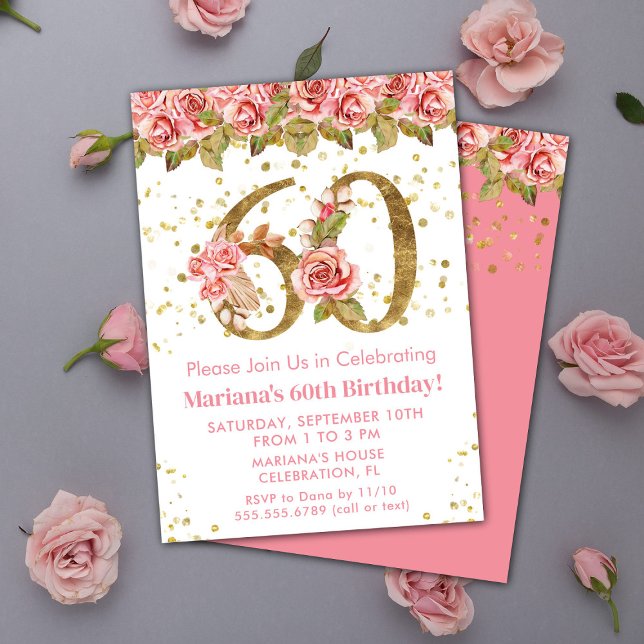 Pink Floral Gold Glitter 60th Birthday Party Invitation (Creator Uploaded)