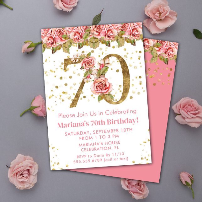 Pink Floral Gold Glitter 70th Birthday Party Invitation (Creator Uploaded)
